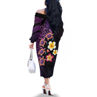 Hawaiian Turtles and Plumeria Family Matching Off The Shoulder Long Sleeve Dress and Hawaiian Shirt Polynesian Art Tribal Tattoo Deep Violet Color LT03 - Polynesian Pride