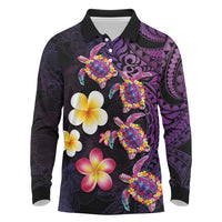 Hawaiian Turtles and Plumeria Long Sleeve Polo Shirt Polynesian Art Tribal Tattoo Deep Violet Color LT03 Purple - Polynesian Pride