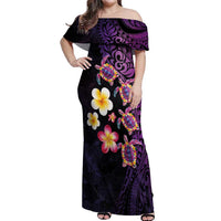 Hawaiian Turtles and Plumeria Off Shoulder Maxi Dress Polynesian Art Tribal Tattoo Deep Violet Color LT03 Women Purple - Polynesian Pride