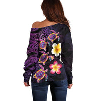 Hawaiian Turtles and Plumeria Off Shoulder Sweater Polynesian Art Tribal Tattoo Deep Violet Color LT03 - Polynesian Pride