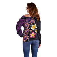 Hawaiian Turtles and Plumeria Off Shoulder Sweater Polynesian Art Tribal Tattoo Deep Violet Color LT03 - Polynesian Pride