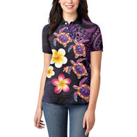 Hawaiian Turtles and Plumeria Women Polo Shirt Polynesian Art Tribal Tattoo Deep Violet Color LT03 - Polynesian Pride