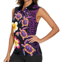 Hawaiian Turtles and Plumeria Women Sleeveless Polo Shirt Polynesian Art Tribal Tattoo Deep Violet Color LT03 - Polynesian Pride