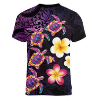 Hawaiian Turtles and Plumeria Women V-Neck T-Shirt Polynesian Art Tribal Tattoo Deep Violet Color LT03 - Polynesian Pride