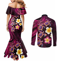 Hawaiian Turtles and Plumeria Couples Matching Mermaid Dress and Long Sleeve Button Shirt Polynesian Art Tribal Tattoo Cerise