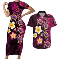 Hawaiian Turtles and Plumeria Couples Matching Short Sleeve Bodycon Dress and Hawaiian Shirt Polynesian Art Tribal Tattoo Cerise LT03 Pink - Polynesian Pride