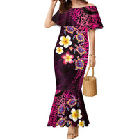 Hawaiian Turtles and Plumeria Family Matching Mermaid Dress and Hawaiian Shirt Polynesian Art Tribal Tattoo Cerise LT03 Mom's Dress Pink - Polynesian Pride