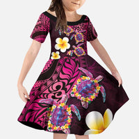 Hawaiian Turtles and Plumeria Family Matching Off Shoulder Maxi Dress and Hawaiian Shirt Polynesian Art Tribal Tattoo Cerise LT03 Daughter's Dress Pink - Polynesian Pride