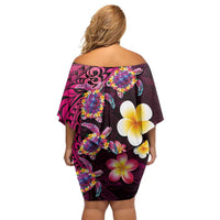 Hawaiian Turtles and Plumeria Family Matching Off Shoulder Short Dress and Hawaiian Shirt Polynesian Art Tribal Tattoo Cerise