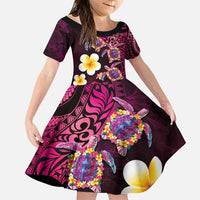 Hawaiian Turtles and Plumeria Family Matching Puletasi and Hawaiian Shirt Polynesian Art Tribal Tattoo Cerise LT03 Daughter's Dress Pink - Polynesian Pride