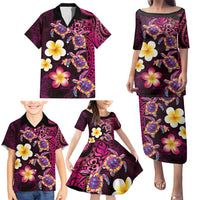 Hawaiian Turtles and Plumeria Family Matching Puletasi and Hawaiian Shirt Polynesian Art Tribal Tattoo Cerise LT03 - Polynesian Pride