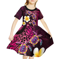 Hawaiian Turtles and Plumeria Kid Short Sleeve Dress Polynesian Art Tribal Tattoo Cerise LT03 - Polynesian Pride