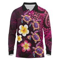 Hawaiian Turtles and Plumeria Long Sleeve Polo Shirt Polynesian Art Tribal Tattoo Cerise LT03 Pink - Polynesian Pride