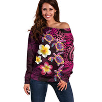 Hawaiian Turtles and Plumeria Off Shoulder Sweater Polynesian Art Tribal Tattoo Cerise LT03 Women Pink - Polynesian Pride