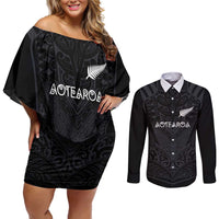 Custom Aotearoa Rugby Couples Matching Off Shoulder Short Dress and Long Sleeve Button Shirt The Blacks-Sporty T90 Style LT03 Black - Polynesian Pride