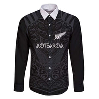 Custom Aotearoa Rugby Family Matching Off Shoulder Maxi Dress and Hawaiian Shirt The Blacks-Sporty T90 Style LT03 Dad's Shirt - Long Sleeve Black - Polynesian Pride