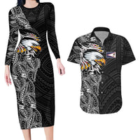 American Samoa Flag Day Couples Matching Long Sleeve Bodycon Dress and Hawaiian Shirt Tribal Tattoo with Eagle Black LT03 Black - Polynesian Pride
