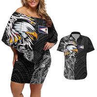 American Samoa Flag Day Couples Matching Off Shoulder Short Dress and Hawaiian Shirt Tribal Tattoo with Eagle Black LT03 Black - Polynesian Pride