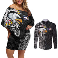American Samoa Flag Day Couples Matching Off Shoulder Short Dress and Long Sleeve Button Shirt Tribal Tattoo with Eagle Black