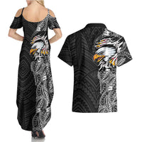 American Samoa Flag Day Couples Matching Summer Maxi Dress and Hawaiian Shirt Tribal Tattoo with Eagle Black