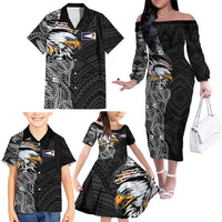 American Samoa Flag Day Family Matching Off The Shoulder Long Sleeve Dress and Hawaiian Shirt Tribal Tattoo with Eagle Black LT03 - Polynesian Pride