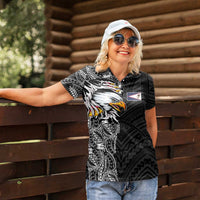 American Samoa Flag Day Women Polo Shirt Tribal Tattoo with Eagle Black