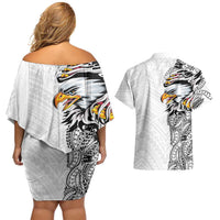 American Samoa Flag Day Couples Matching Off Shoulder Short Dress and Hawaiian Shirt Tribal Tattoo with Eagle White