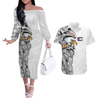 American Samoa Flag Day Couples Matching Off The Shoulder Long Sleeve Dress and Hawaiian Shirt Tribal Tattoo with Eagle White LT03 White - Polynesian Pride