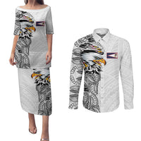 American Samoa Flag Day Couples Matching Puletasi and Long Sleeve Button Shirt Tribal Tattoo with Eagle White