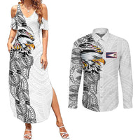 American Samoa Flag Day Couples Matching Summer Maxi Dress and Long Sleeve Button Shirt Tribal Tattoo with Eagle White