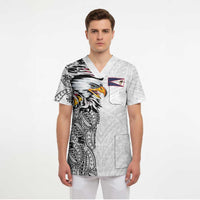 American Samoa Flag Day Scrub Top Tribal Tattoo with Eagle White