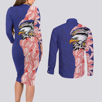 American Samoa Flag Day Couples Matching Long Sleeve Bodycon Dress and Long Sleeve Button Shirt Tribal Tattoo with Eagle Blue-Red LT03 - Polynesian Pride