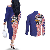 American Samoa Flag Day Couples Matching Off The Shoulder Long Sleeve Dress and Long Sleeve Button Shirt Tribal Tattoo with Eagle Blue-Red LT03 - Polynesian Pride