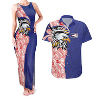 American Samoa Flag Day Couples Matching Tank Maxi Dress and Hawaiian Shirt Tribal Tattoo with Eagle Blue-Red LT03 Blue - Polynesian Pride