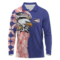 American Samoa Flag Day Long Sleeve Polo Shirt Tribal Tattoo with Eagle Blue-Red