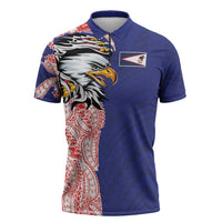 American Samoa Flag Day Zipper Polo Shirt Tribal Tattoo with Eagle Blue-Red