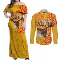 Personalised American Samoa Flag Day Couples Matching Off Shoulder Maxi Dress and Long Sleeve Button Shirt Fautasi Race Pago Pago-Aeto Eagle Wings Tribal Style LT03 Multicolor - Polynesian Pride