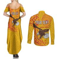 Personalised American Samoa Flag Day Couples Matching Summer Maxi Dress and Long Sleeve Button Shirt Fautasi Race Pago Pago-Aeto Eagle Wings Tribal Style LT03 - Polynesian Pride
