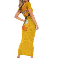 Personalised American Samoa Flag Day Short Sleeve Bodycon Dress Fautasi Race Pago Pago-Aeto Eagle Wings Tribal Style LT03 - Polynesian Pride
