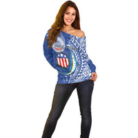 Personalised American Samoa Flag Day Off Shoulder Sweater Fautasi Race Fagatogo-Iseula O Le Moana Sailfish Tribal Style LT03 - Polynesian Pride