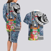 Fiji Day Couples Matching Long Sleeve Bodycon Dress and Hawaiian Shirt Traditional Tapa with Hibiscus and Emblems LT03 - Polynesian Pride