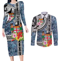 Fiji Day Couples Matching Long Sleeve Bodycon Dress and Long Sleeve Button Shirt Traditional Tapa with Hibiscus and Emblems LT03 No Dress - Polynesian Pride
