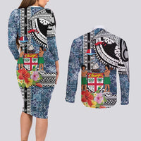 Fiji Day Couples Matching Long Sleeve Bodycon Dress and Long Sleeve Button Shirt Traditional Tapa with Hibiscus and Emblems LT03 - Polynesian Pride