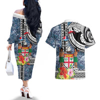 Fiji Day Couples Matching Off The Shoulder Long Sleeve Dress and Hawaiian Shirt Traditional Tapa with Hibiscus and Emblems LT03 - Polynesian Pride