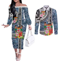 Fiji Day Couples Matching Off The Shoulder Long Sleeve Dress and Long Sleeve Button Shirt Traditional Tapa with Hibiscus and Emblems LT03 No Dress - Polynesian Pride