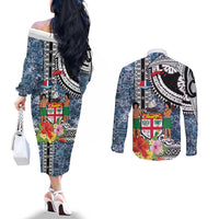 Fiji Day Couples Matching Off The Shoulder Long Sleeve Dress and Long Sleeve Button Shirt Traditional Tapa with Hibiscus and Emblems LT03 - Polynesian Pride