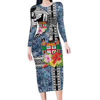 Fiji Day Family Matching Long Sleeve Bodycon Dress and Hawaiian Shirt Traditional Tapa with Hibiscus and Emblems LT03 Mom's Dress - Polynesian Pride