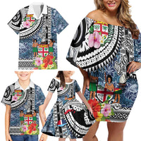 Fiji Day Family Matching Off Shoulder Short Dress and Hawaiian Shirt Traditional Tapa with Hibiscus and Emblems LT03 - Polynesian Pride
