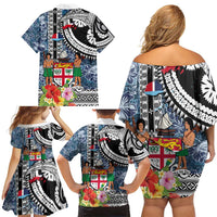 Fiji Day Family Matching Off Shoulder Short Dress and Hawaiian Shirt Traditional Tapa with Hibiscus and Emblems LT03 - Polynesian Pride