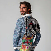 Fiji Day Long Sleeve Polo Shirt Traditional Tapa with Hibiscus and Emblems